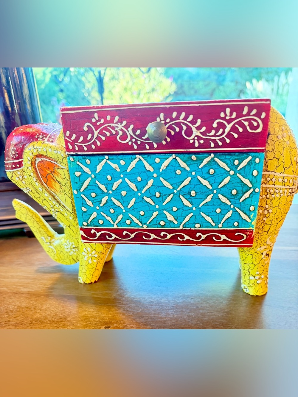 Hand-Painted Yellow & Turquoise Elephant Decorative Box - Boho Home Accent